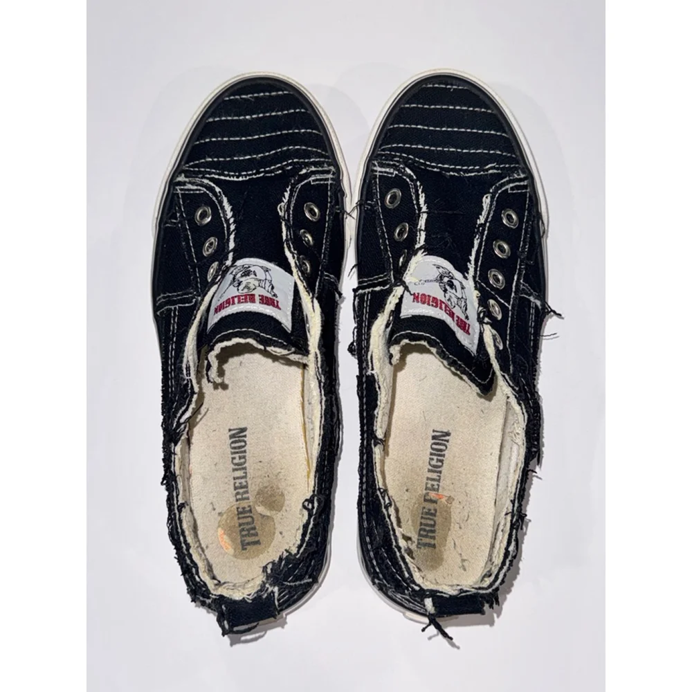 True Religion Black Distressed Slip On Sneakers